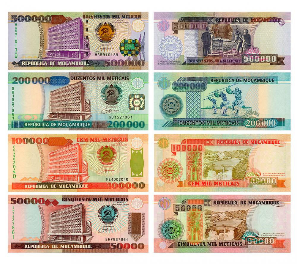 Колекційна банкнота Мозамбік набір з 4 банкнот 1993-2003 UNC 50000/100000/200000/500000 метікалов (Б15663)