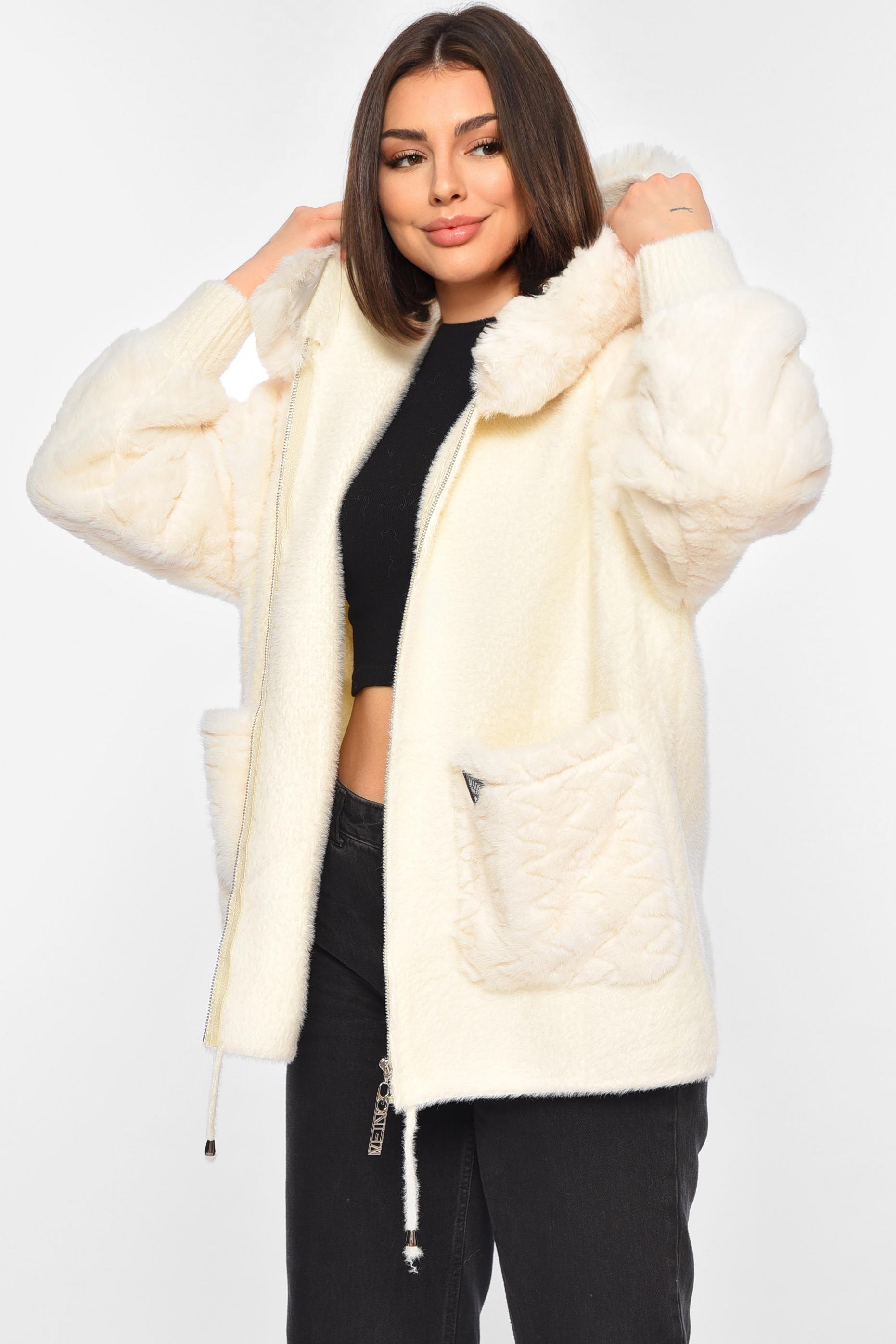 Кардиган женский из альпаки с мехом L Молочный (195347) - фото 2