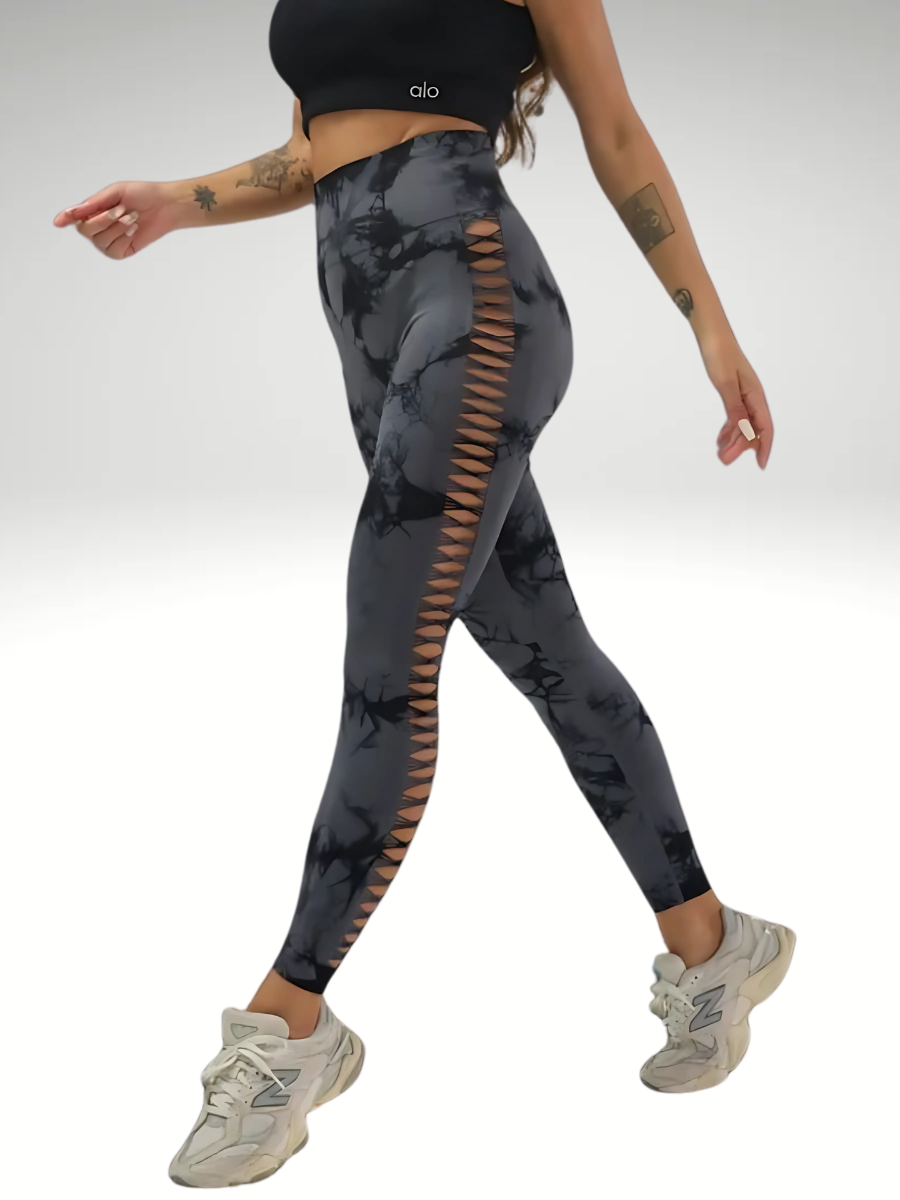 Лосины женские спортивные для тренировок с вырезами по бокам мраморный принт с эффектом Push Up Marble L Серый с черным (70152/L)