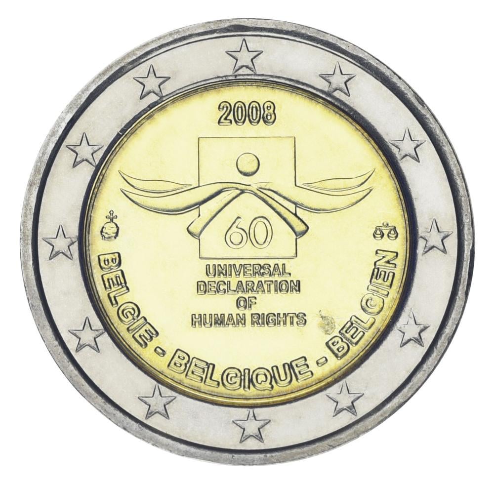Колекційна монета Бельгія 2 євро 2008 року 60 років декларації прав людини UNC (KM#248)
