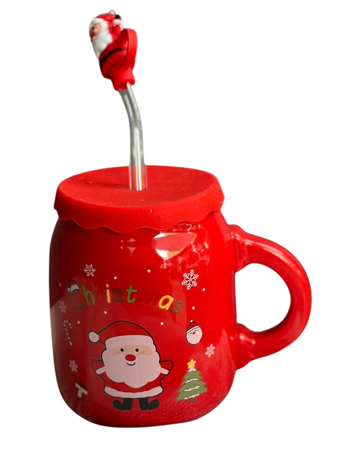Чашка керамічна Olens 102-1082-1 Санта з кришкою і трубочкою 460 мл Червоний (2786124169) - фото 1