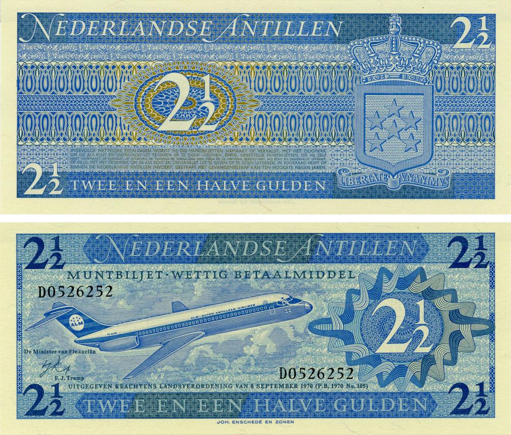 Коллекционная банкнота Нидерландские Антильские острова 2,5 гульдена 1 970 UNC Самолет (P21)