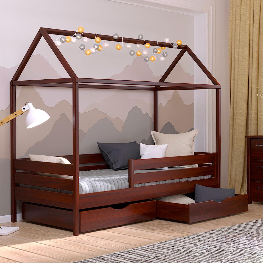 Кровать деревянная детская АММИ с ящиками и защитным бортиком 190х80 см Каштан