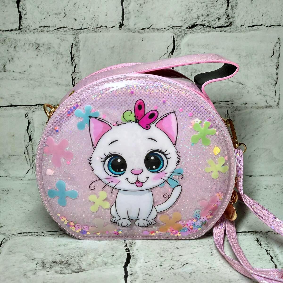 Сумочка дитяча для дівчинки лакова з ремінцем Котик з блискітками 18,5х16х7 см Рожевий (552-6)