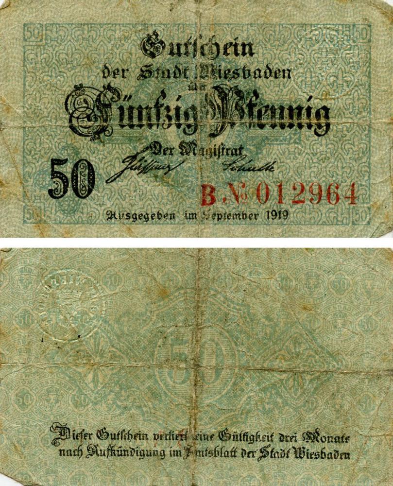 Коллекционная банкнота Германия Нотгельд 50 пфеннигов 1919 F-VF Висбаден (Б18721)