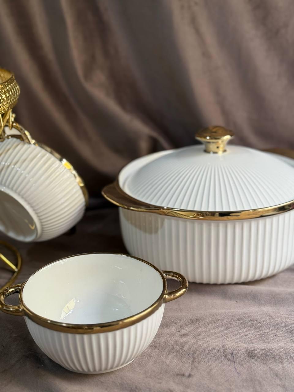 Сервиз суповый Yiwu ML151 из фарфора на металлической подставке 8 пр. 6 персон Белый с золотым (30059655) - фото 5