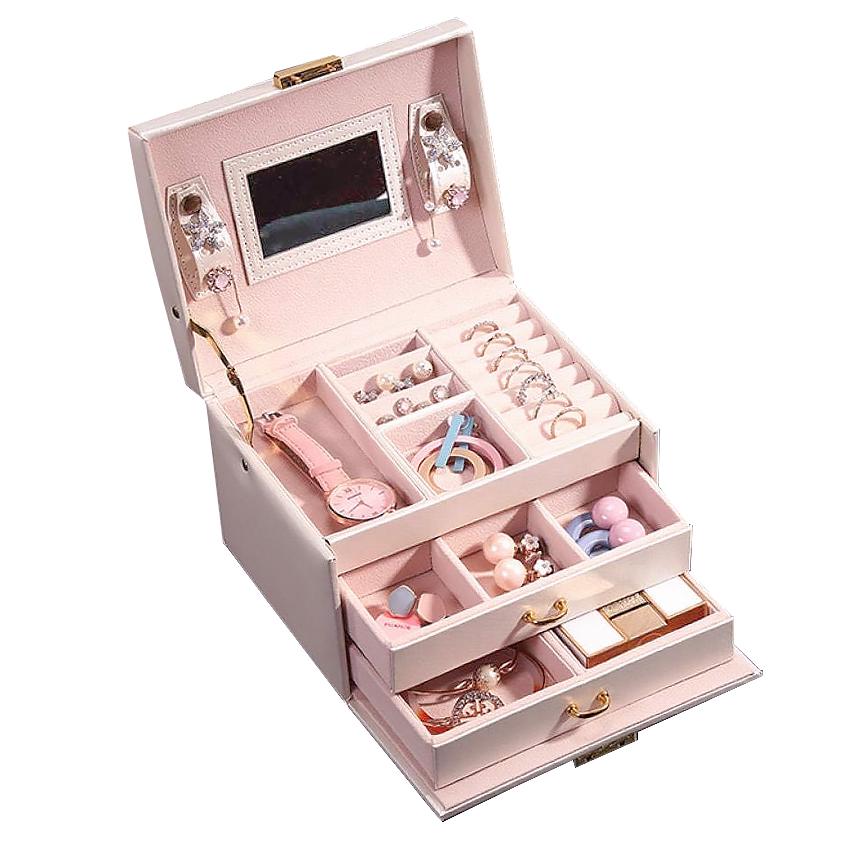 Шкатулка Casegrace SP-01111 для украшений и ювелирных изделий трехуровневая с зеркалом 17х12х12,5 см Pink