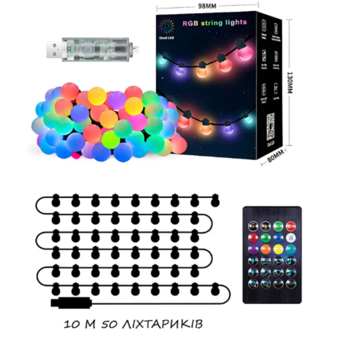 Гірлянда Smart Матова кулька RGB USB керування через APP Bluetooth та пульт 50 кульок 10 м (SFK-03) - фото 2