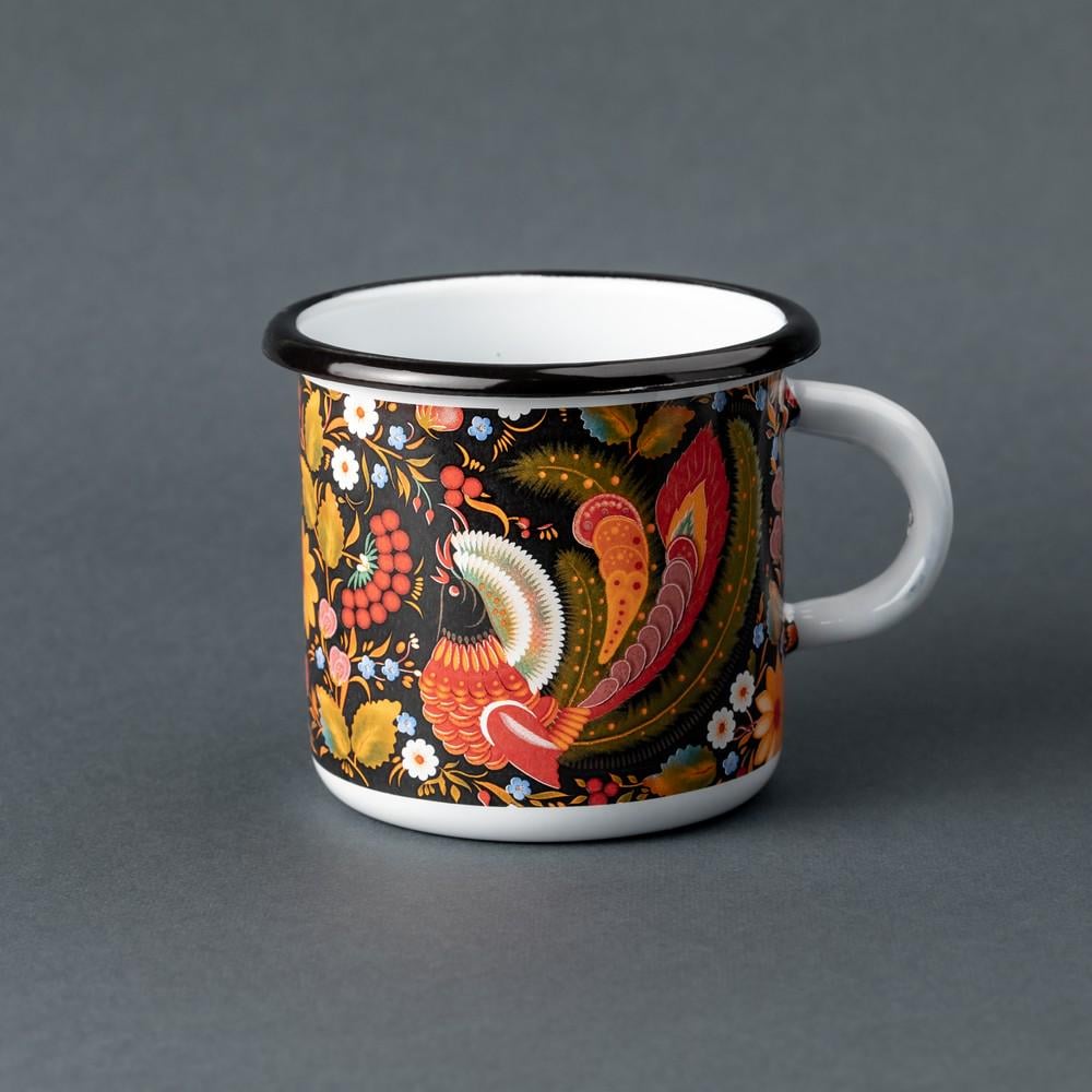 Кружка эмалированная Enamel mug с принтом Петриковская роспись Павлин 400 мл Белый