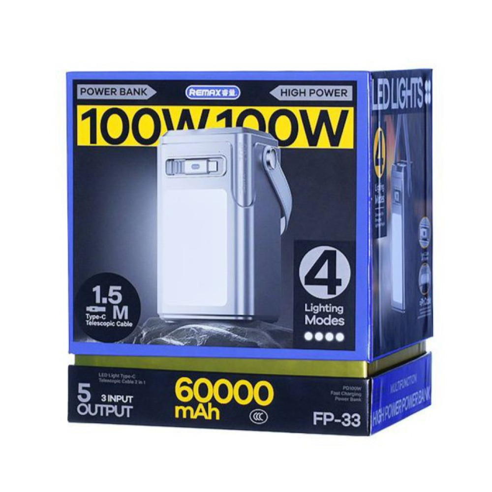 Повербанк Remax FP-33 60000 mAh 100W с фонарем и быстрой зарядкой Серый (PRFP6033100)