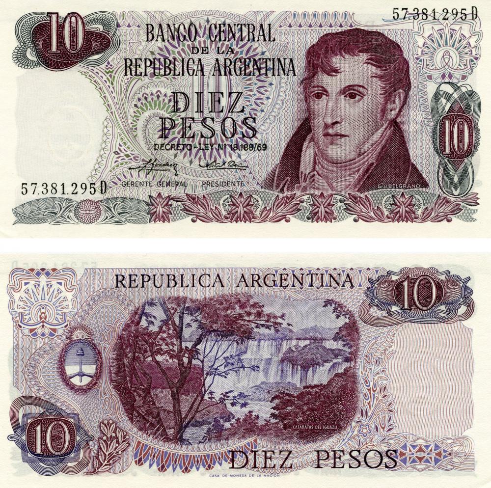 Коллекционная банкнота Аргентина 10 песо 1973-1976 UNC P295 (Б13126)