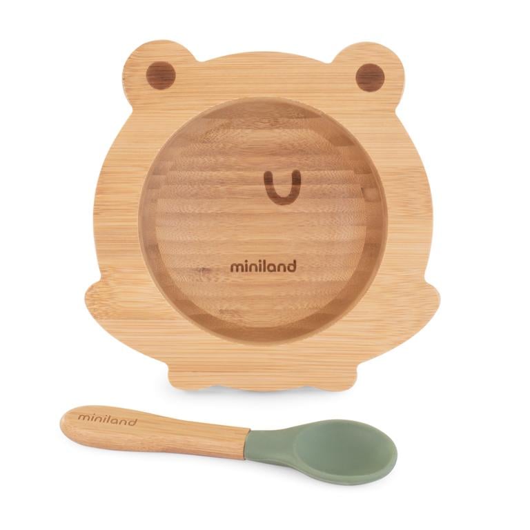 Дитяча бамбукова тарілка Wooden Bowl Frog з ложкою на присосці (89470) - фото 1