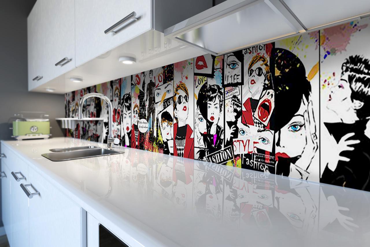 Кухонный фартук Комиксы из самоклеящейся виниловой пленки 65х250 см Белый