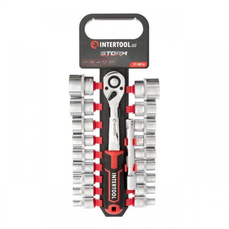 Набор головок торцевых INTERTOOL ET-8016 8 32 мм Cr V трещотка 72 зубцы удлинитель 1/2" 20 ед. (51618)