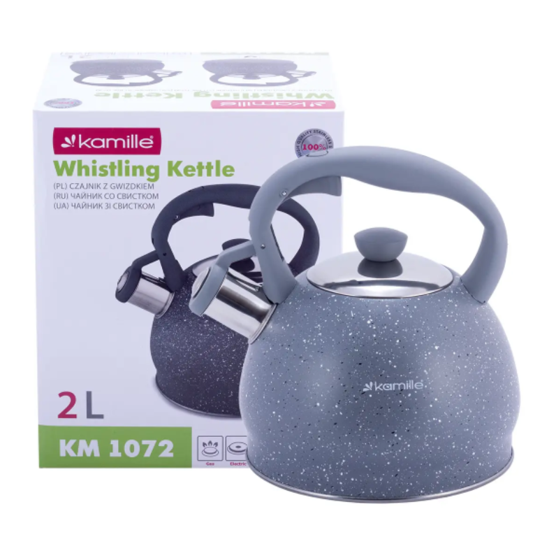 Чайник Kamille KM-1072 з нержавіючої сталі зі свистком та нейлоновою ручкою для індукції та газу 2 л Сірий (NA002373)