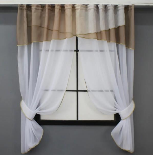 Комплект штор на кухню 270х170 см Белый/Коричневый (091к)