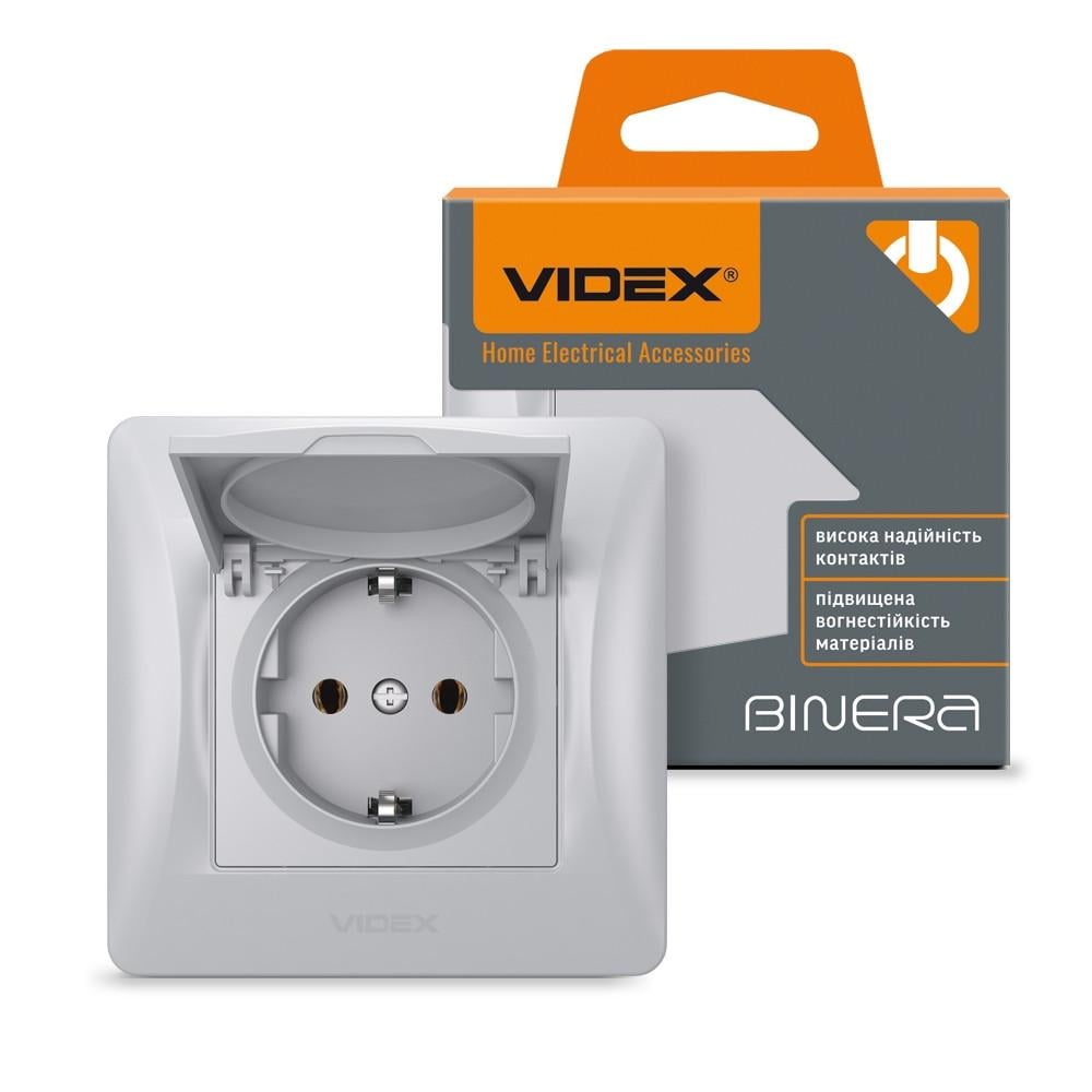 Розетка одинарная Videx Binera VF-BNSK1GС-SS с заземлением и крышкой Серебряный шелк (1642610920)