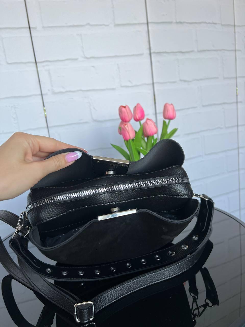 Сумка кросс боде женская через плечо с тремя отделениями из замши и экокожи Черный - фото 6 Сумка кросс боде женская через плечо с тремя отделениями из замши и экокожи Черный - фото 6