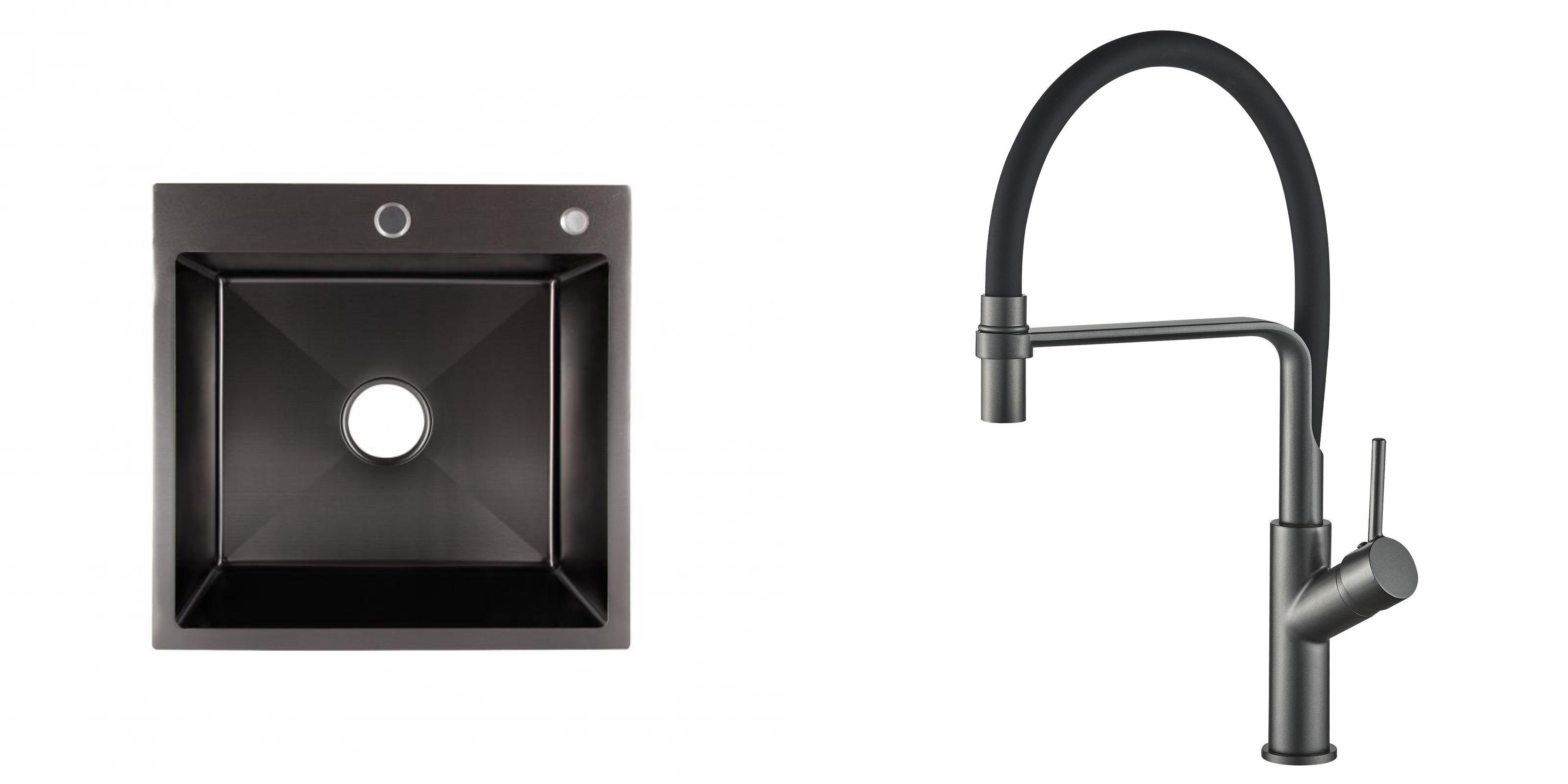 Мойка для кухни из нержавеющей стали Lidz GPVDB5050 со смесителем с гибким гусаком и дозатором для мыла Графит (27085124)