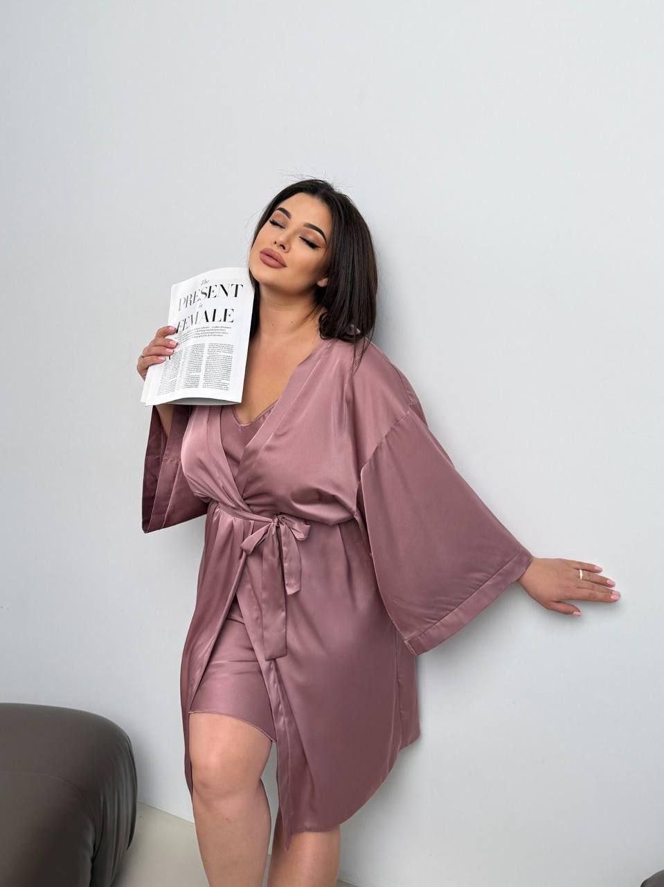 Халат-кимоно женский Julia с поясом шелк-сатиновый XXL Темно-бежевый (101_76)