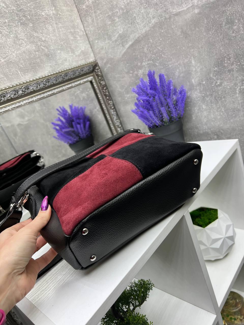 Сумка жіноча замшева через плече крос боді з широким ременем Чорний із червоним - фото 6