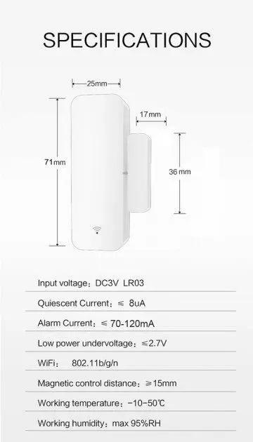 Датчик открытия дверной/оконный Tuya D06 Wifi беспроводной с сигнализацией (902111) - фото 2