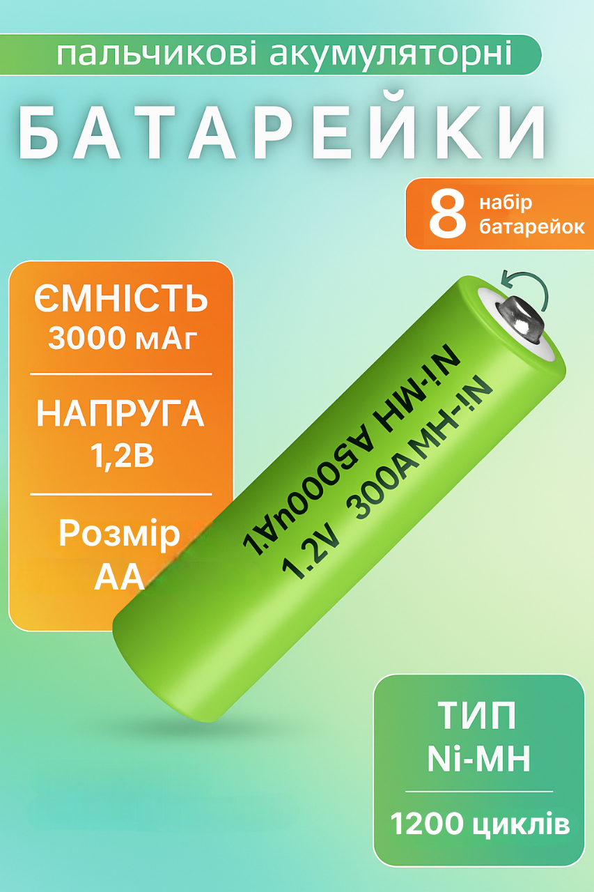 Набір акумуляторних батарейок Ni-MH AA 3000 mAh 1,2V 8 шт. (00000079) - фото 2 Набір акумуляторних батарейок Ni-MH AA 3000 mAh 1,2V 8 шт. (00000079) - фото 2
