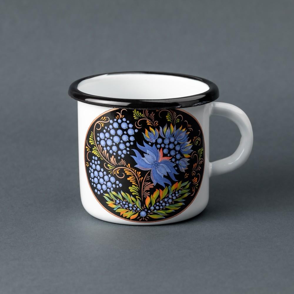 Кружка емальована Enamel mug з принтом Петриківський розпис Волошки 400 мл Білий