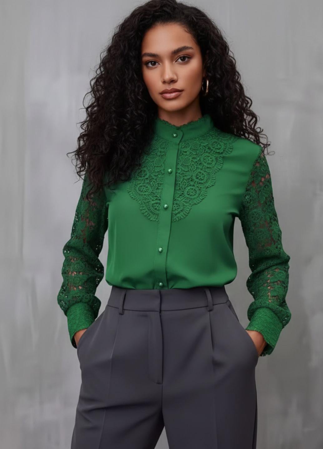 Блузка женская с красивым кружевом однотонная Fashion 20122 2XL Зеленый