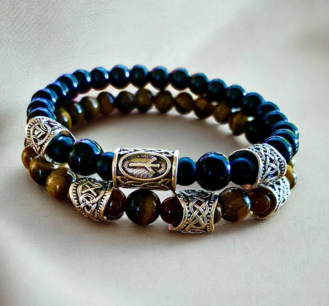 Браслеты LITAURS из натурального камня Черный агат/тигровый глаз d8мм с металлическими вставками рунами 2 шт. L 18-21 см (251114-1)