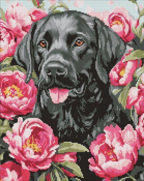Алмазна мозаїка Собака у півоніях art_selena_ua 40х50 см (AMO20084)