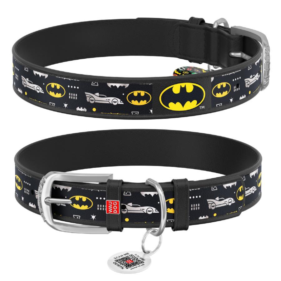 Нашийник для собак шкіряний Waudog Design Бетмен3 з QR паспортом XL 35 мм 44-58 см
