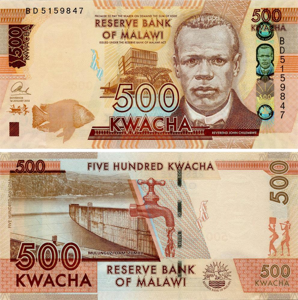 Коллекционная банкнота Малави 500 квача 2014 UNC P66 (Б11107)