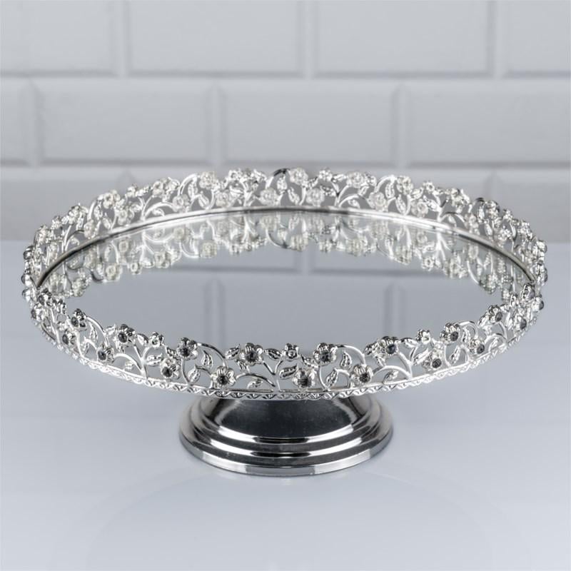 Блюдо-тортовница металлическая с зеркальным основанием 25х11 см Серебряный (63G)