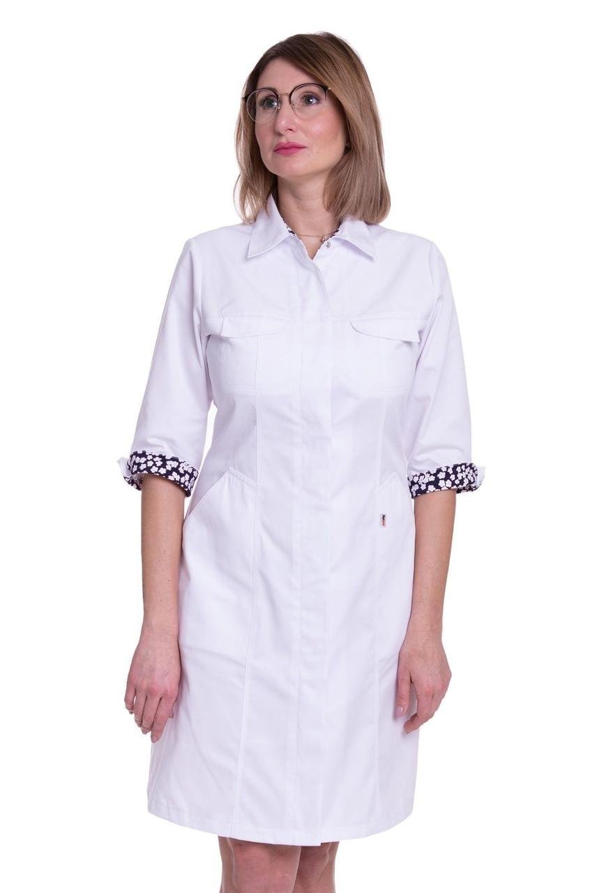 Халат женский хлопковый TopLine Premium Монако пэчворк рукав 3/4 р. 48 Белый/Темно-синий (31700-(48)б.-т.син)