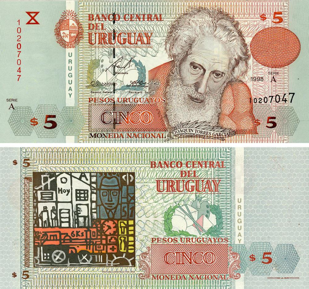 Коллекционная банкнота Уругвай 5 песо 1998 года UNC (P80)