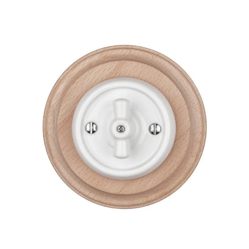 Вимикач в стилі ретро керамічний Keruida поворотний 2-клавішний прихованого монтажу з дерев'яною рамкою Білий (53498)