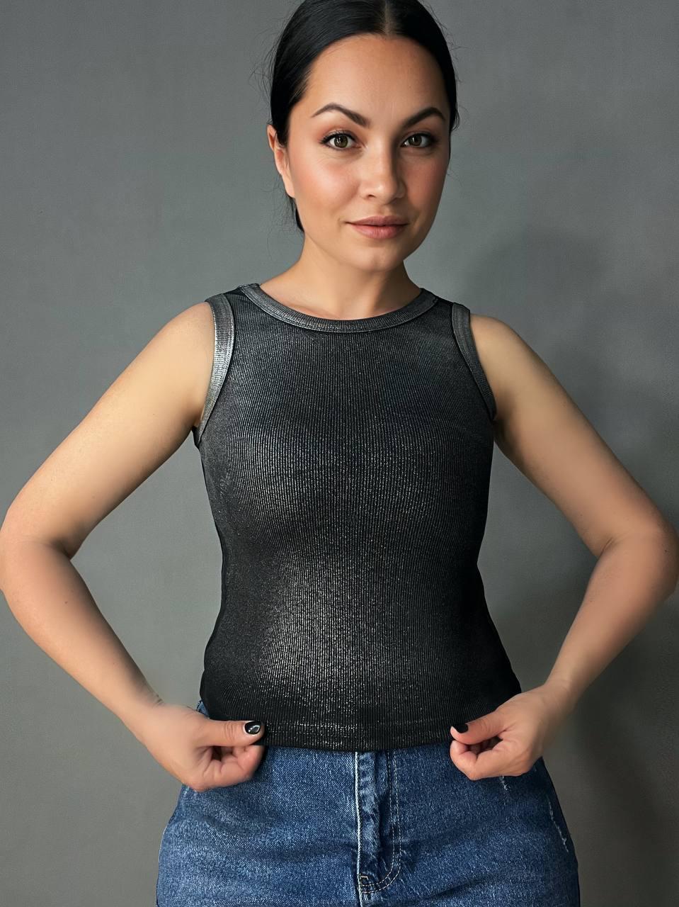 Майка женская A-N 332 базовая рубчик накат краска OS Черный (1971) - фото 7 Майка женская A-N 332 базовая рубчик накат краска OS Черный (1971) - фото 7