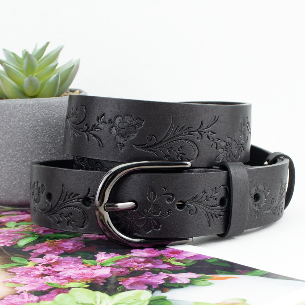 Ремень женский кожаный 130 см с тиснением Черный (SF-3533)