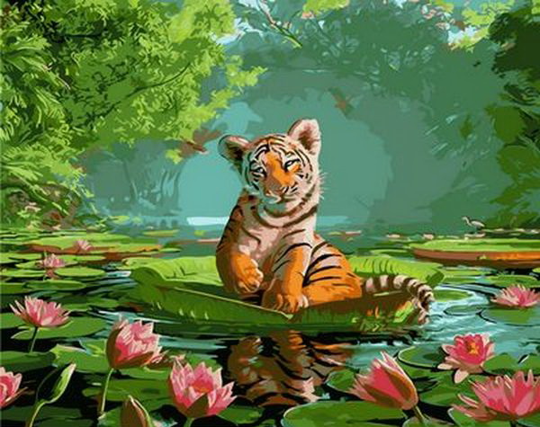Картина по номерам Mariposa Тигренок и лотосы Q1264 40х50 см в коробке