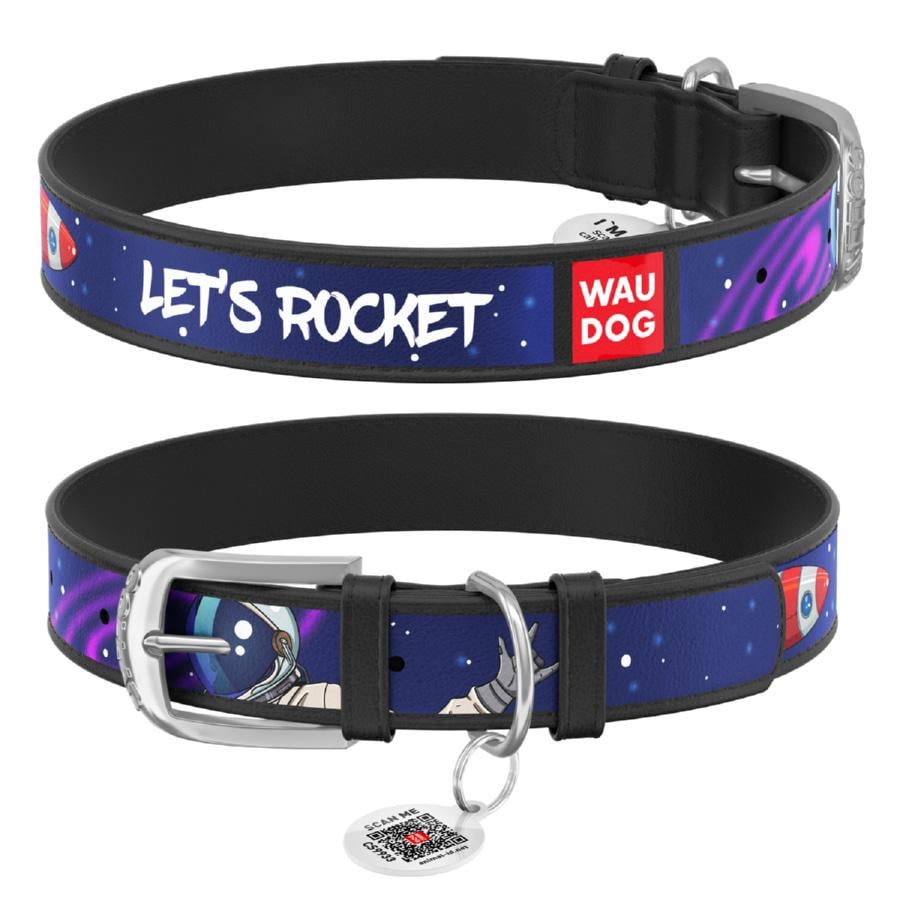 Ошейник для собак кожаный Waudog Design Космос. Ракета с QR паспортом M