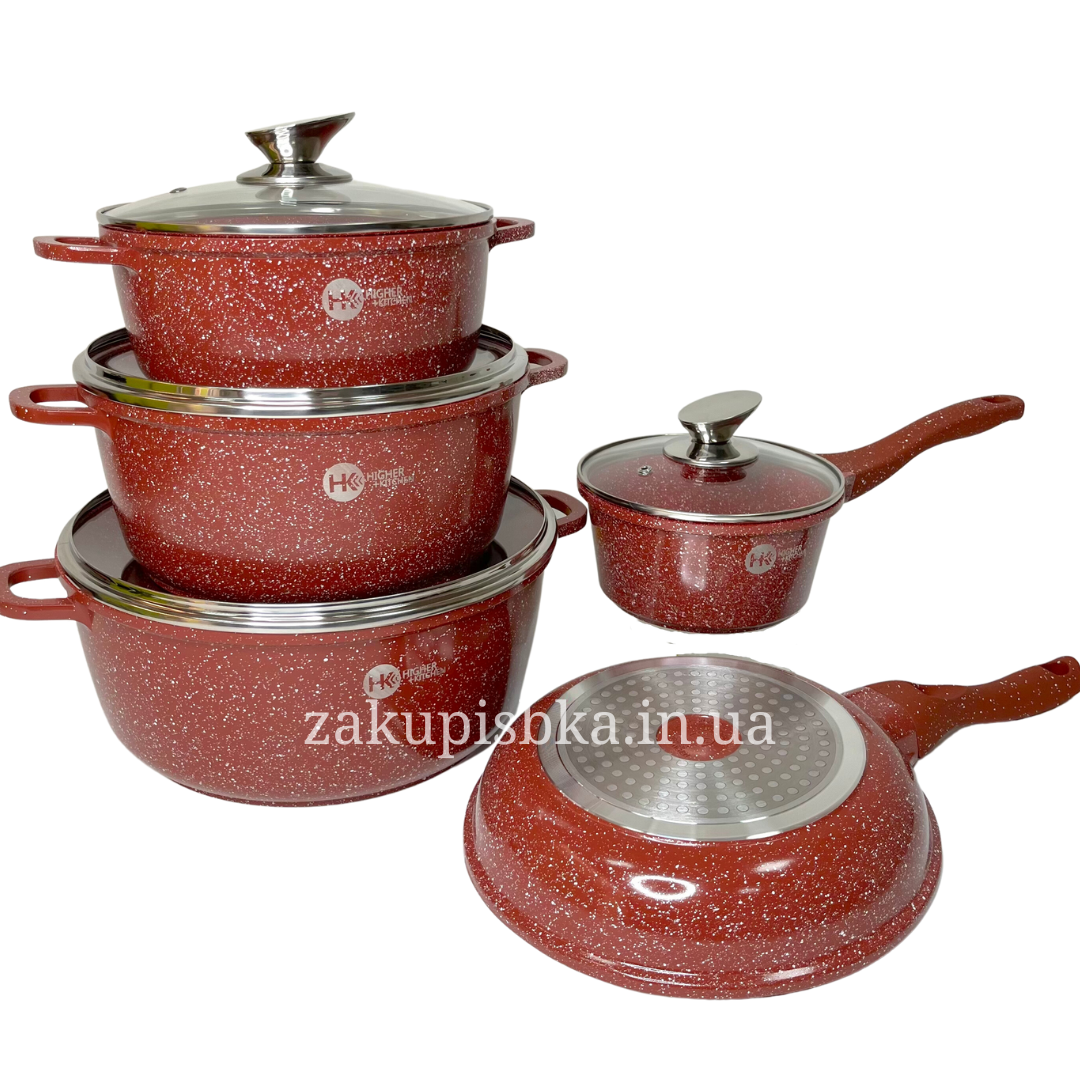Набір посуду Higher Kitchen HK-305 з гранітним антипригарним покриттям 10 предметів Червоний (2480509830) - фото 3 Набір посуду Higher Kitchen HK-305 з гранітним антипригарним покриттям 10 предметів Червоний (2480509830) - фото 3