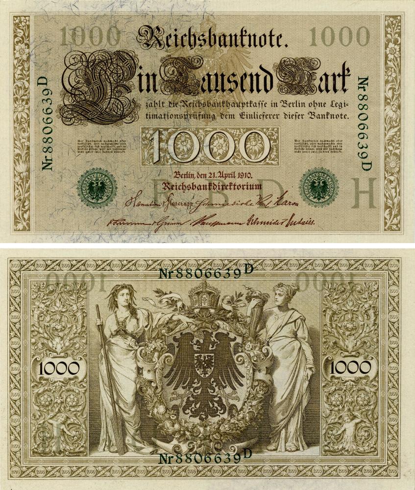 Коллекционная банкнота Германия 1000 марок 1910 AU-UNC P45b (Б17952)