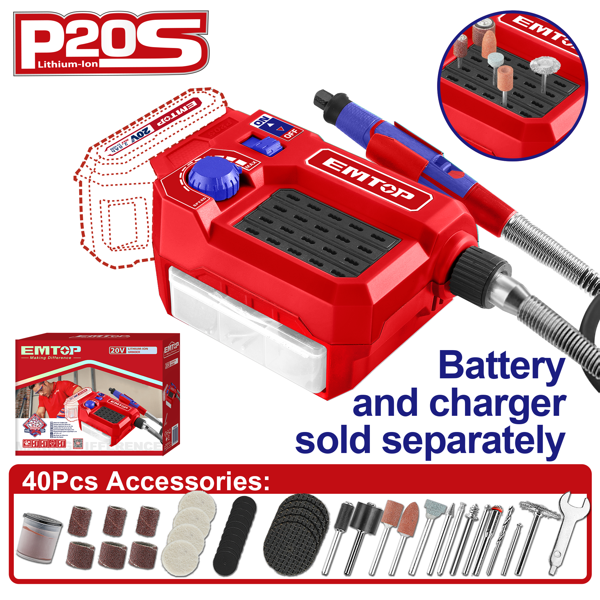 Шліфувальна машина пряма акумуляторна EMTOP ELMG2001 без АКБ і ЗУ - фото 2