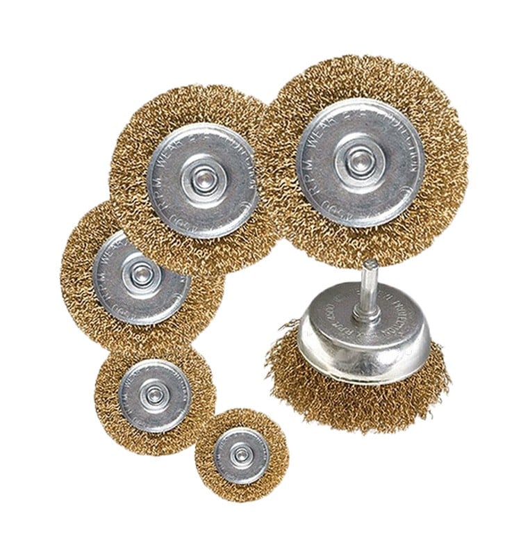 Набір щіток MasterTool торцевих 75 мм/дискова 40/50/63/75/100 мм з латуньованого рифленого дроту зі стрижнем 6 шт. (19-9600)