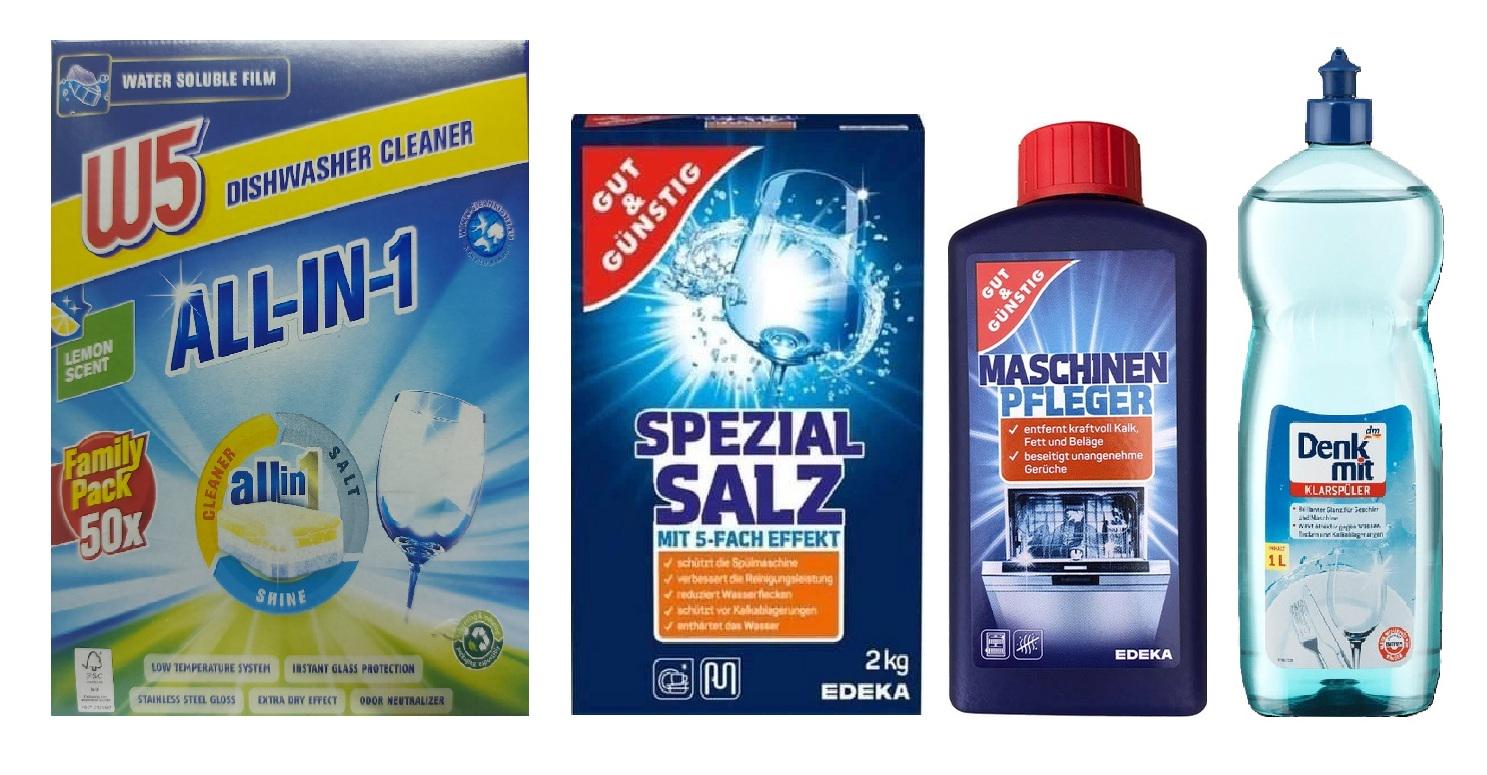 Набор для посудомоечных машин таблетки W5 Allin1 50 шт./соль Gut&Gunstig Spezial Salz 2 кг/очиститель Gut&Gunstig 250 мл и ополаскиватель Denkmit 1 л