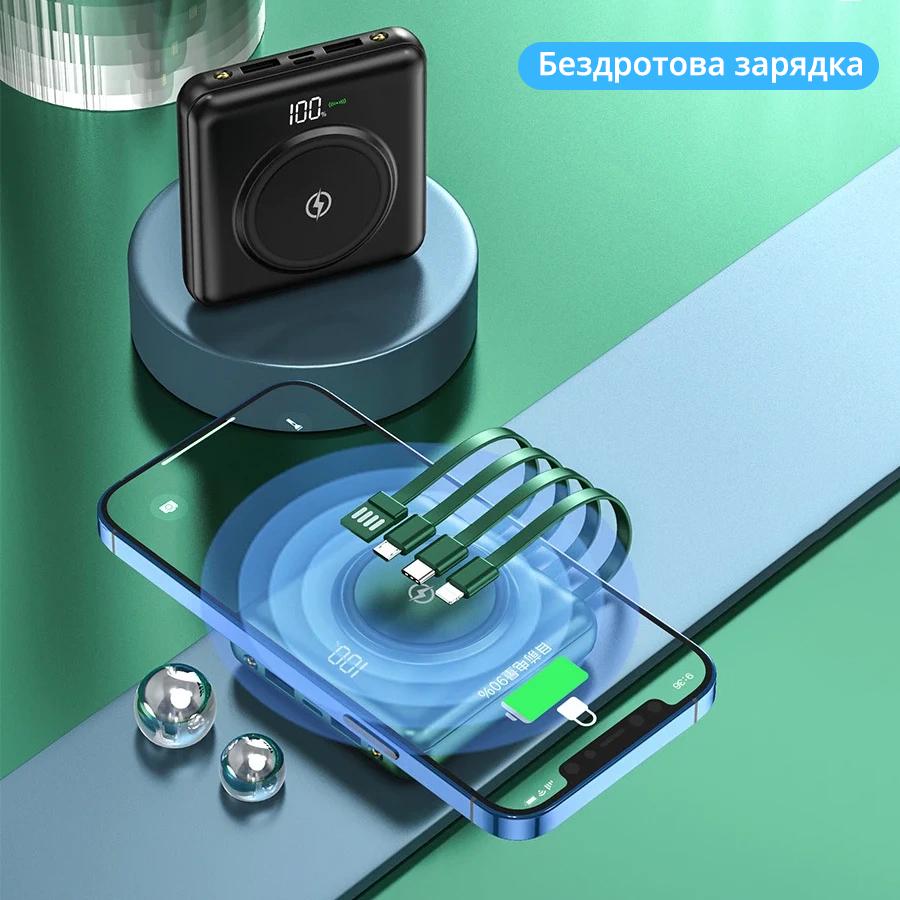 Аккумулятор портативный 6000 mAh Power Bank с беспроводной зарядкой на 2 USB выхода и 4 встроенных кабеля Зеленый - фото 8