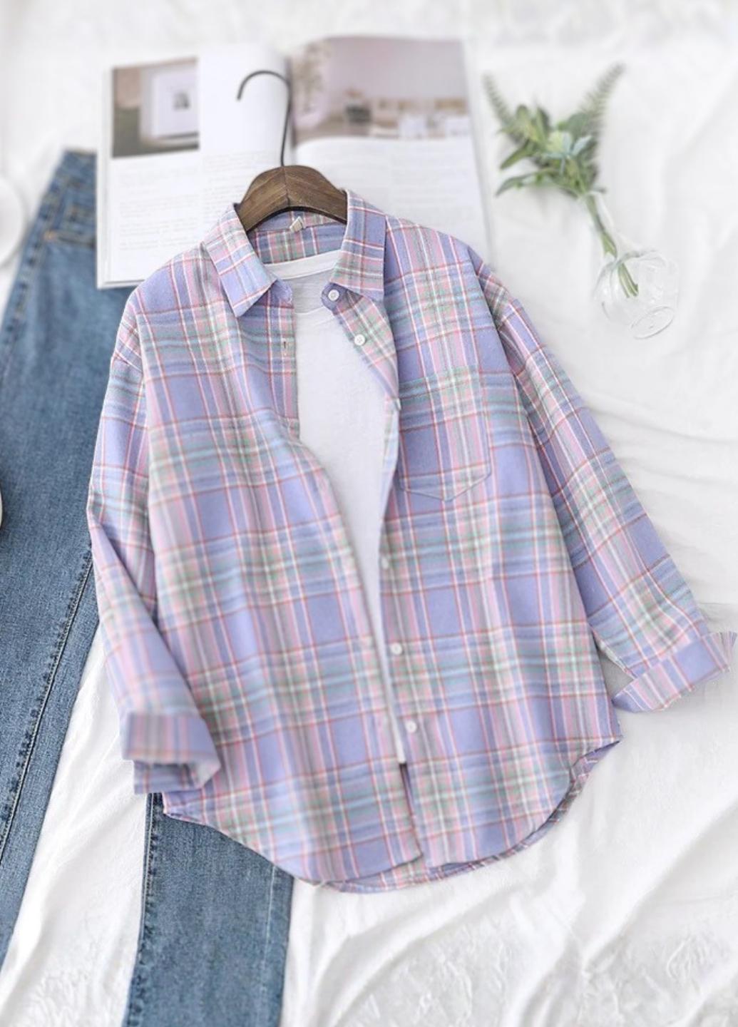 Рубашка женская Oversize в клетку G&N 20777 L Сиреневый/Розовый
