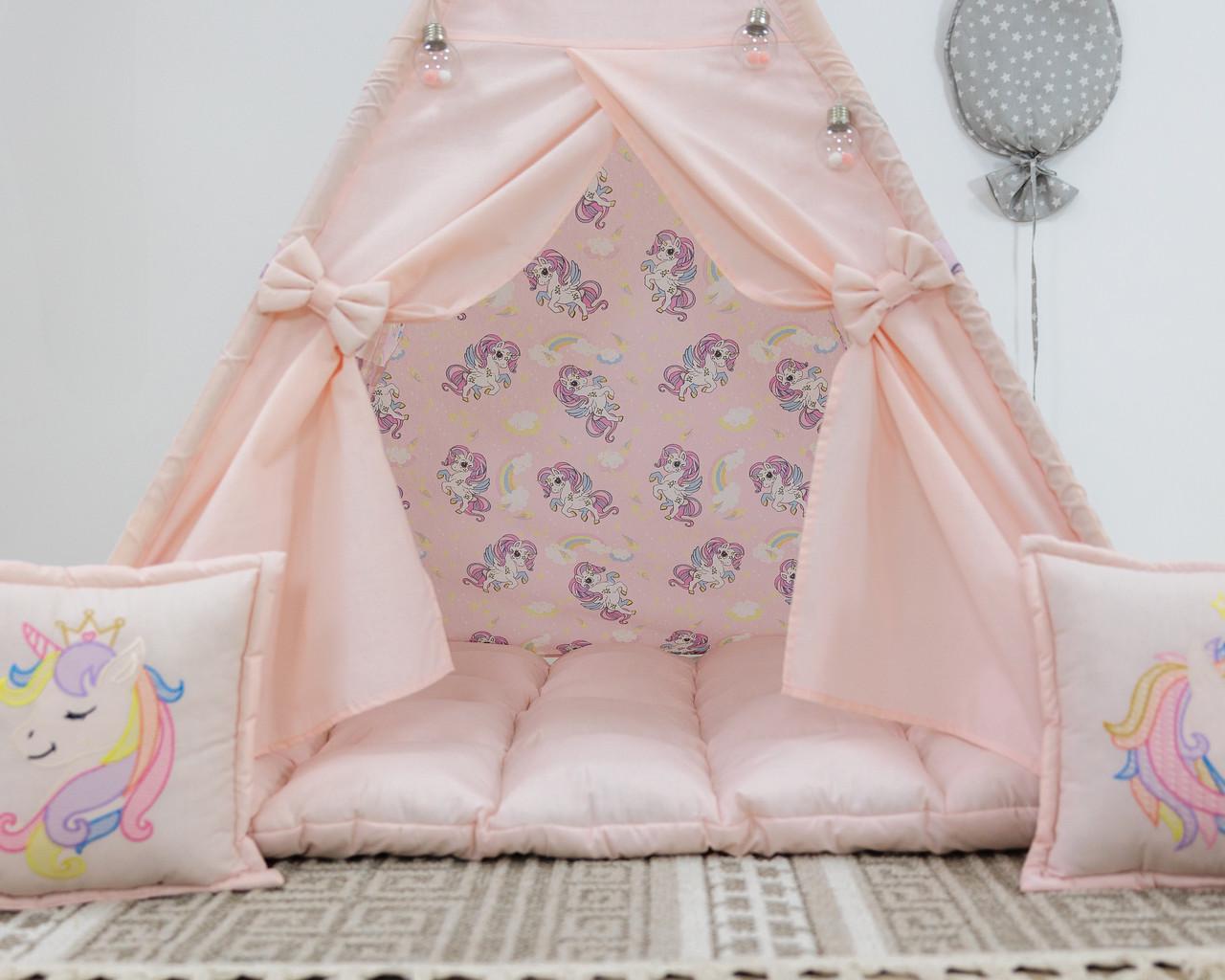 Вигвам для девочки Unicorn матрас БОН БОН с подугками и бантом с корзиной - фото 4