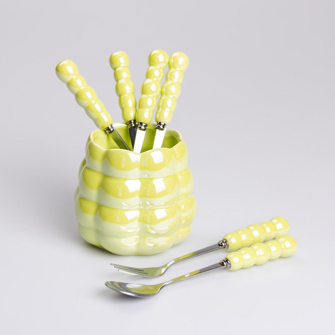 Набір десертних виделок та ложок з керамічними ручками та підставкою для 3 персон 7 приладів Салатовий - фото 2 Набір десертних виделок та ложок з керамічними ручками та підставкою для 3 персон 7 приладів Салатовий - фото 2